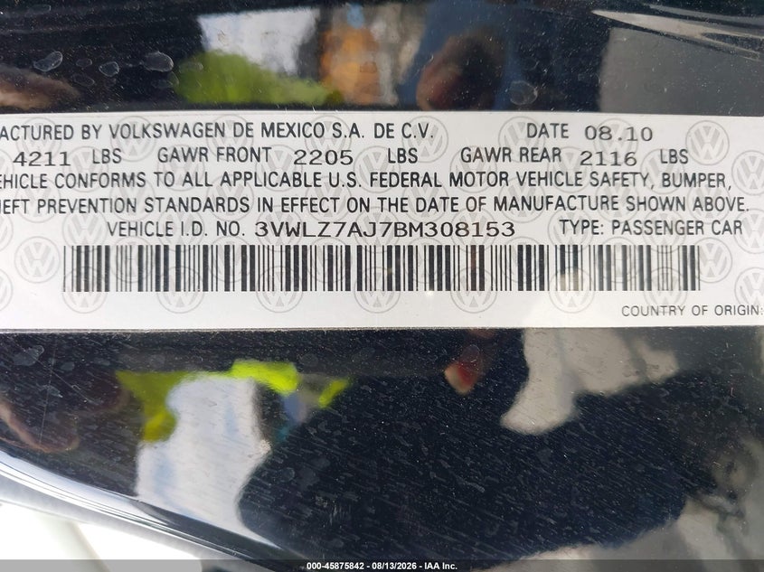 2011 Volkswagen Jetta VIN 3VWLZ7AJ7BM308153 IAAI salvage auction — FRONT END, Salvage (California), sold $775 on 2026-08-21 (photo 9)