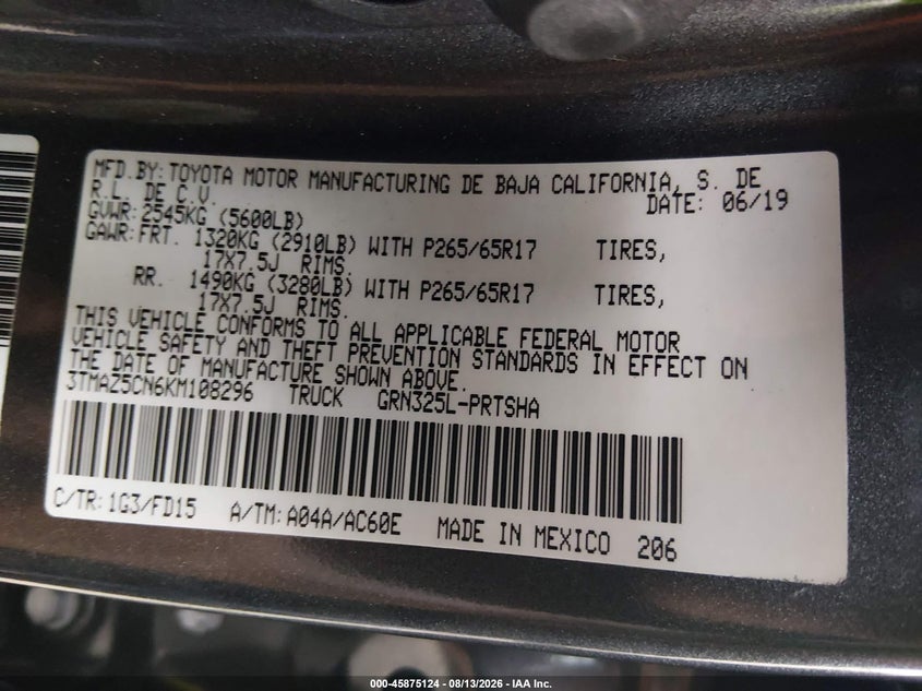 2019 Toyota Tacoma VIN 3TMAZ5CN6KM108296 IAAI salvage auction — THEFT, Salvage (California), sold $9,600 on 2026-08-20 (photo 9)