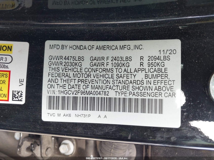 2021 Honda Accord VIN 1HGCV2F96MA004782 IAAI salvage auction — FRONT END, Bill Of Sale (Washington), sold $7,700 on 2026-08-22 (photo 9)
