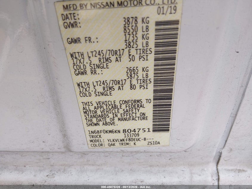 2019 Nissan Nv VIN 1N6BF0KM6KN804751 IAAI salvage auction — FRONT & REAR, Enterprise Vehicles Clear Only (Alabama), sold $8,850 on 2026-08-26 (photo 9)