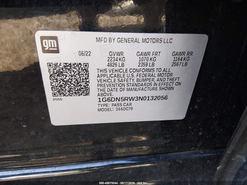 2022 Cadillac Ct5 VIN 1G6DN5RW3N0132056 IAAI salvage auction — VANDALISM, Salvage Title, sold $11,900 on 2026-09-27 (photo 9)