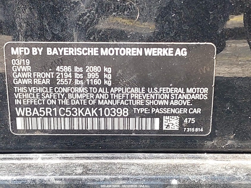 2019 BMW 3er VIN WBA5R1C53KAK10398 IAAI salvage auction — VANDALISM, Salvage Title, sold $8,450 on 2026-08-20 (photo 9)