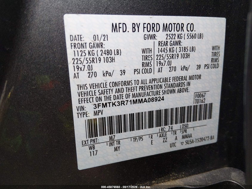2021 Ford Mustang mach-e VIN 3FMTK3R71MMA08924 IAAI salvage auction — FRONT END, Bill Of Sale (Washington), sold $7,300 on 2026-08-27 (photo 9)