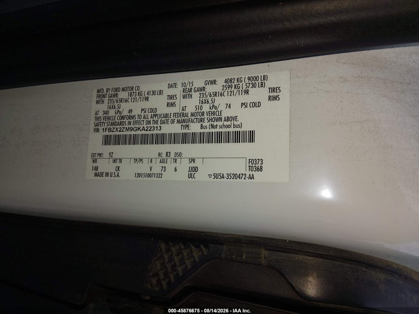 2016 Ford Transit-350 VIN 1FBZX2ZM9GKA22313 IAAI salvage auction — VANDALISM, SF97 (Maryland), sold $22,550 on 2026-09-08 (photo 9)