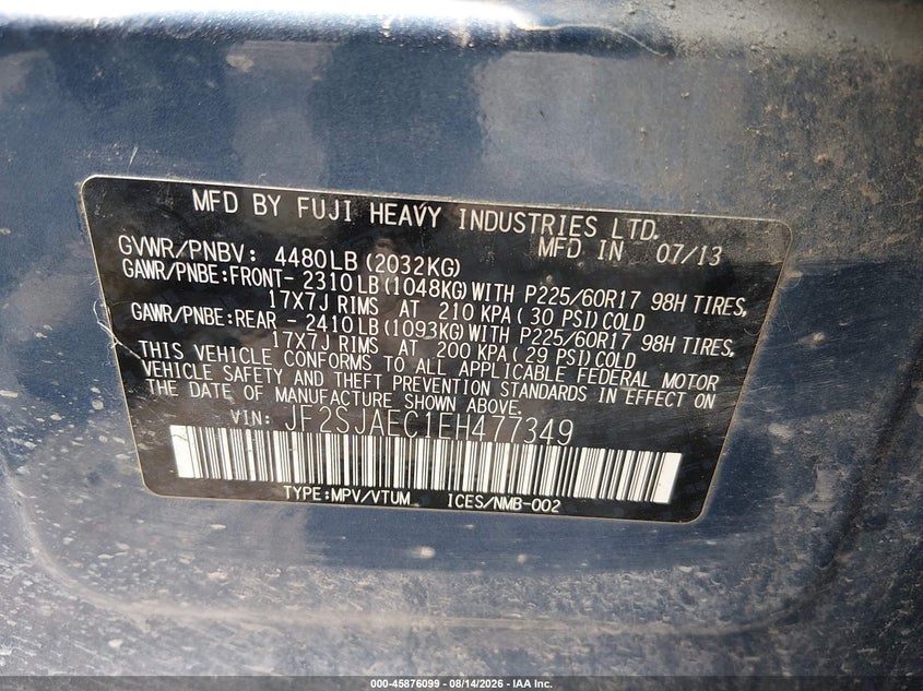 2014 Subaru Forester VIN JF2SJAEC1EH477349 IAAI salvage auction — LEFT FRONT, Wait Title, sold $550 on 2026-09-30 (photo 9)