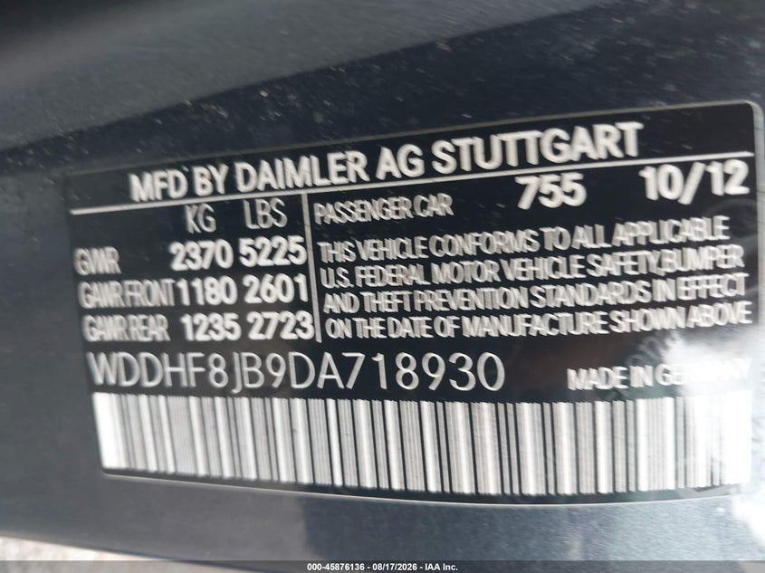 2013 Mercedes-benz E-klasse VIN WDDHF8JB9DA718930 IAAI salvage auction — NORMAL WEAR, Clear (Indiana), sold $525 on 2026-08-19 (photo 9)