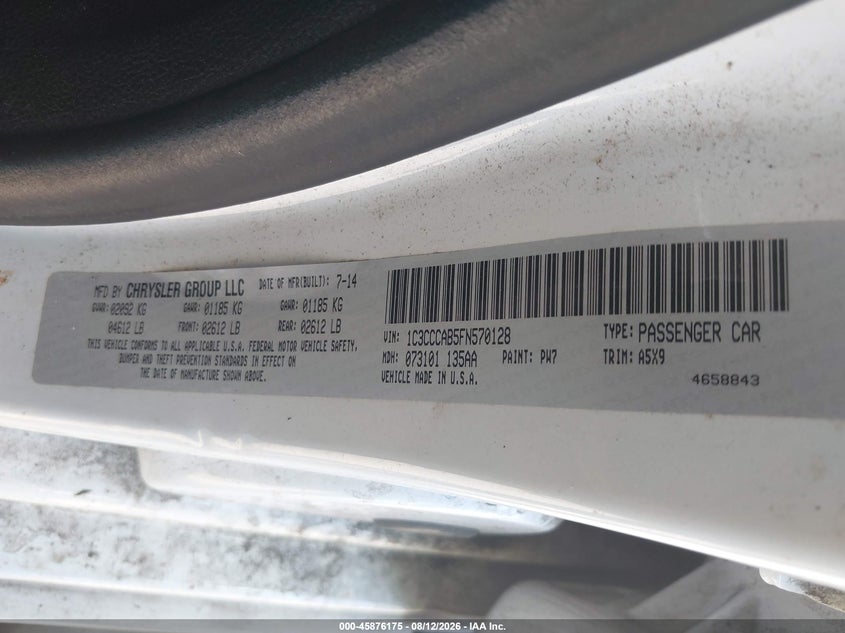 2015 Chrysler 200 VIN 1C3CCCAB5FN570128 IAAI salvage auction — Normal Wear & Tear, Clear, sold $550 on 2026-10-19 (photo 9)