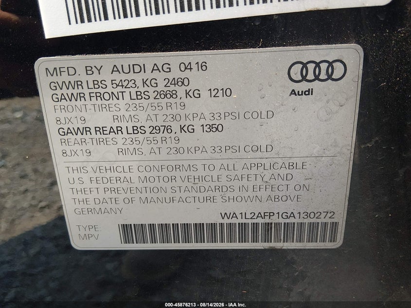 2016 Audi Q5 VIN WA1L2AFP1GA130272 IAAI salvage auction — SIDE, Bill Of Sale (Washington), sold $5,100 on 2026-08-27 (photo 9)