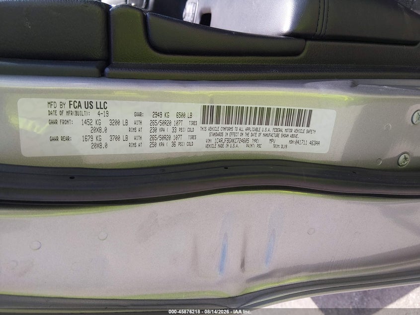 2019 Jeep Grand cherokee VIN 1C4RJFBGXKC724605 IAAI salvage auction — UNKNOWN, Clear (Louisiana), sold $7,200 on 2026-08-19 (photo 9)