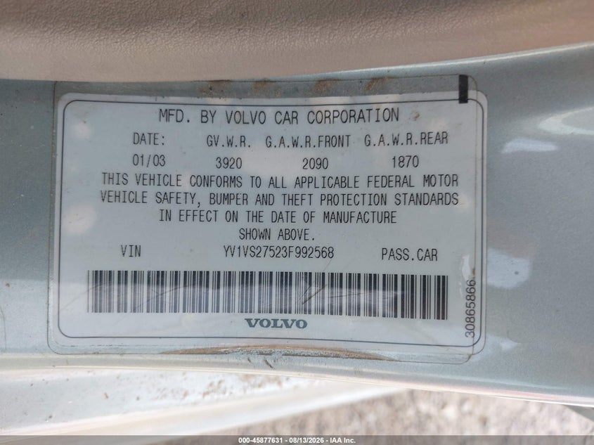 2003 Volvo S40 VIN YV1VS27523F992568 IAAI salvage auction — NORMAL WEAR, Clear (California), sold $150 on 2026-08-20 (photo 9)