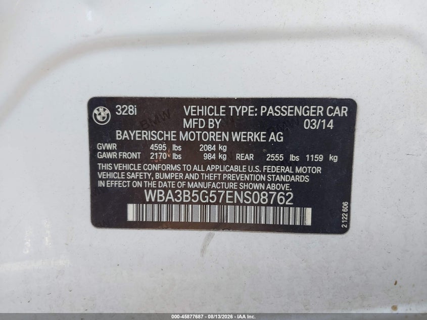 2014 BMW 3er VIN WBA3B5G57ENS08762 IAAI salvage auction — FRONT END, Clear (Florida), sold $425 on 2026-08-19 (photo 9)