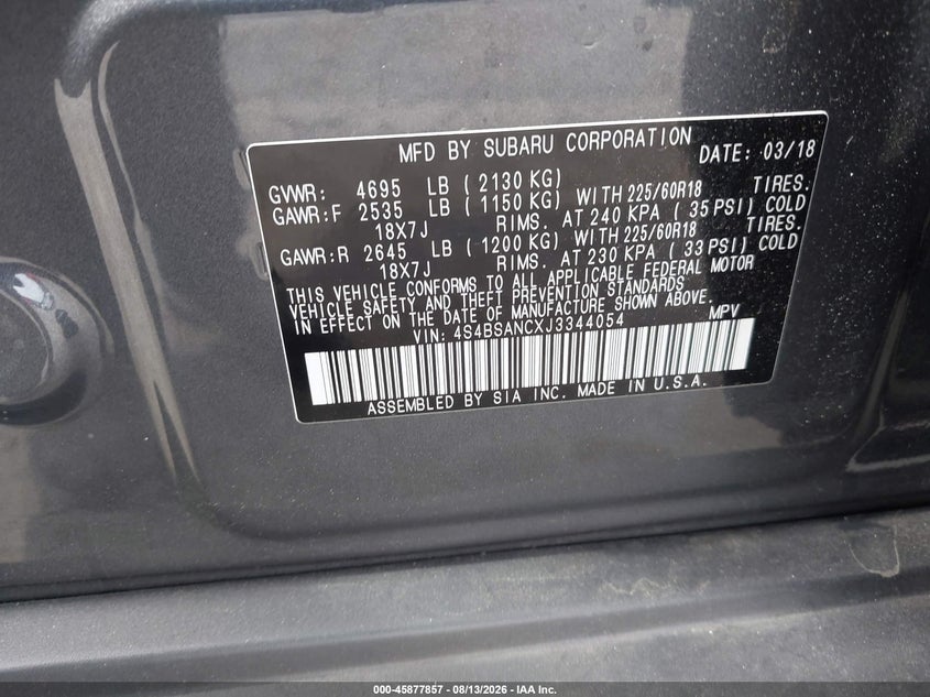 2018 Subaru Outback VIN 4S4BSANCXJ3344054 IAAI salvage auction — FRONT END, Salvage (California), sold $6,200 on 2026-09-07 (photo 9)