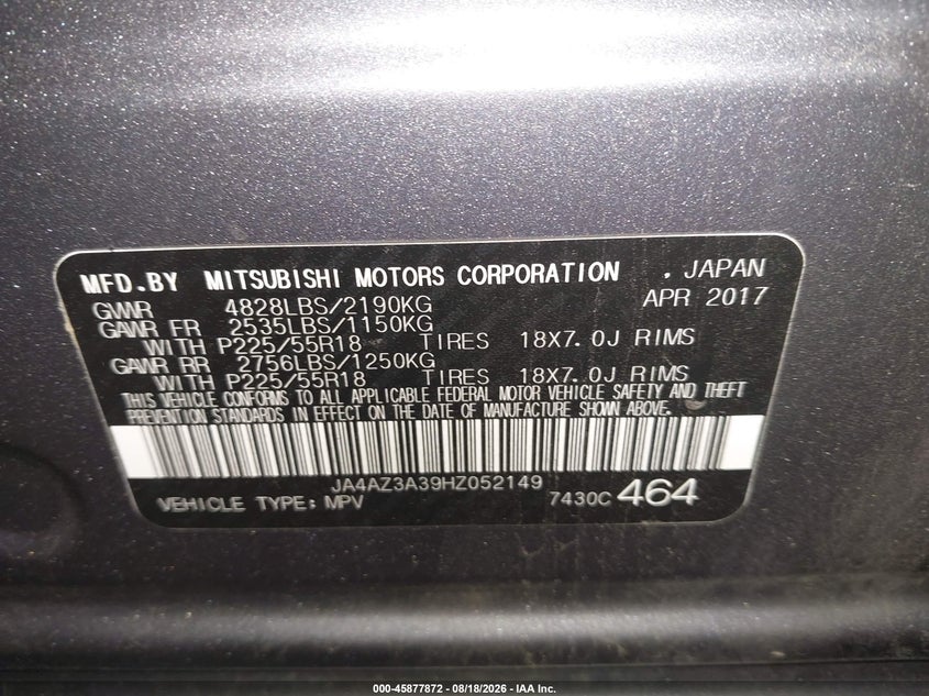 2017 Mitsubishi Outlander VIN JA4AZ3A39HZ052149 IAAI salvage auction — HAIL, Salvage (Pennsylvania), sold $2,150 on 2026-08-23 (photo 9)