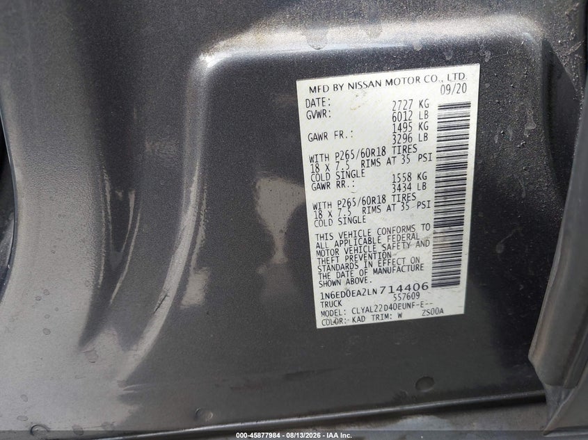 2020 Nissan Navara (frontier) VIN 1N6ED0EA2LN714406 IAAI salvage auction — FRONT END, Salvage Title, sold $6,325 on 2026-09-04 (photo 9)