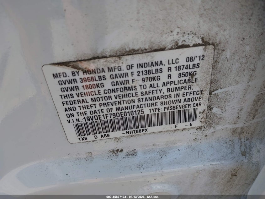 2013 Acura Ilx VIN 19VDE1F79DE010125 IAAI salvage auction — FRONT END, Wait Title, sold $450 on 2026-10-04 (photo 9)