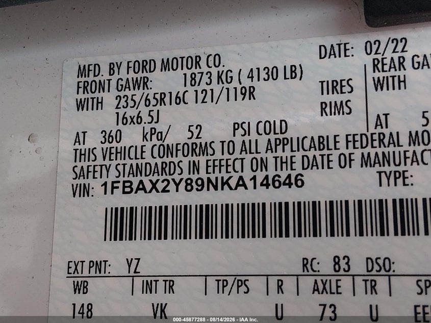 2022 Ford Transit-350 VIN 1FBAX2Y89NKA14646 IAAI salvage auction — NORMAL WEAR, SF97 (Maryland), sold $21,775 on 2026-09-08 (photo 9)