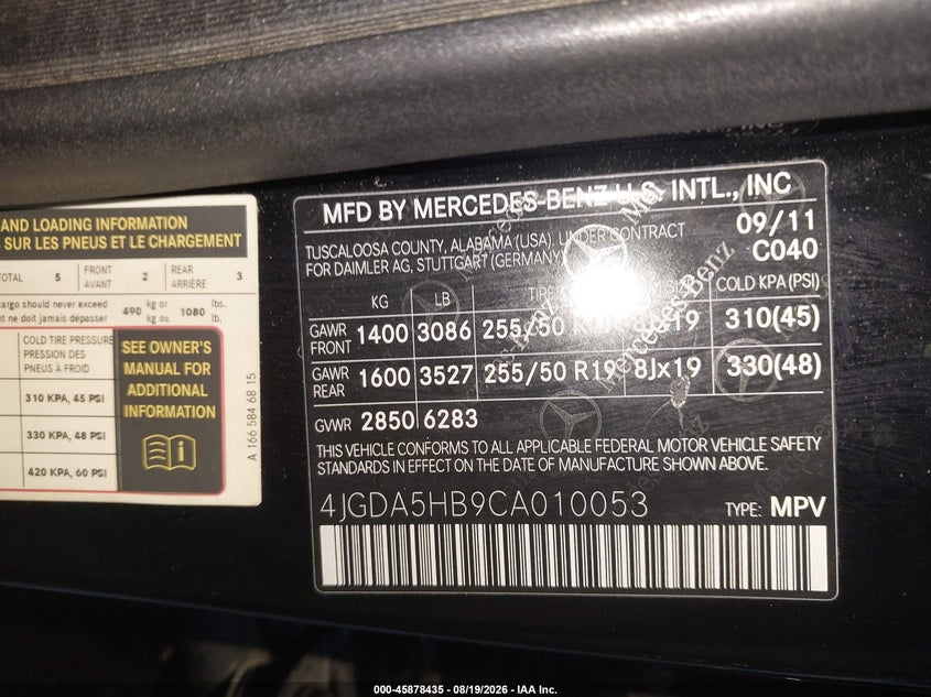 2012 Mercedes-benz M-klasse VIN 4JGDA5HB9CA010053 IAAI salvage auction — RIGHT SIDE, Salvage (New Jersey), sold $3,825 on 2026-09-04 (photo 9)