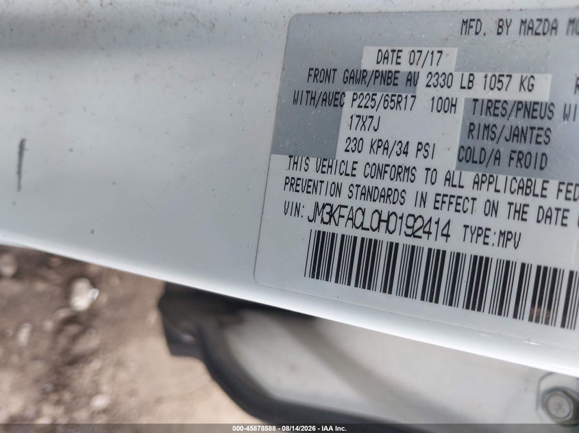 2017 Mazda Cx-5 VIN JM3KFACL0H0192414 IAAI salvage auction — FRONT & REAR, Salvage Title, sold $4,825 on 2026-09-04 (photo 9)