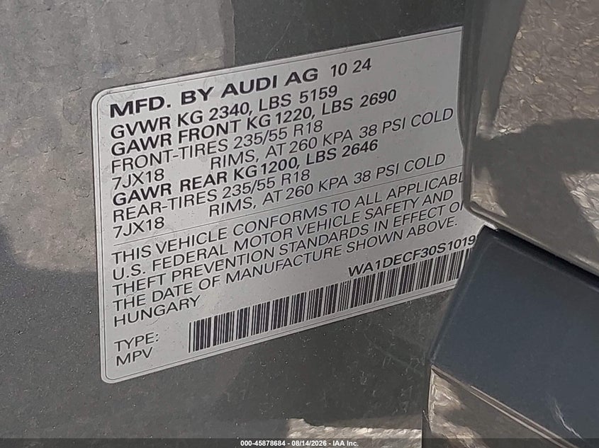2025 Audi Q3 VIN WA1DECF30S1019869 IAAI salvage auction — FRONT END, Enterprise Vehicles Clear Only (Georgia), sold $17,600 on 2026-08-20 (photo 9)
