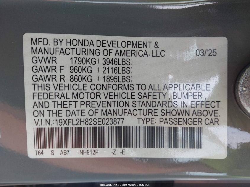 2025 Honda Civic VIN 19XFL2H82SE023877 IAAI salvage auction — WATER/FLOOD, Salvage (Ohio), sold $7,600 on 2026-08-22 (photo 9)