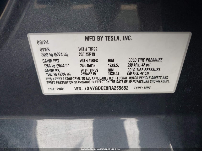 2024 Tesla Model y VIN 7SAYGDEE8RA255682 IAAI salvage auction — RIGHT SIDE, Salvage Title, sold $10,600 on 2026-09-27 (photo 9)