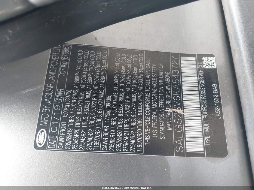 2019 Land rover RANGE ROVER VIN SALGS2SV6KA543727 IAAI salvage auction — FRONT & REAR, Salvage Title, sold $6,700 on 2026-09-16 (photo 9)