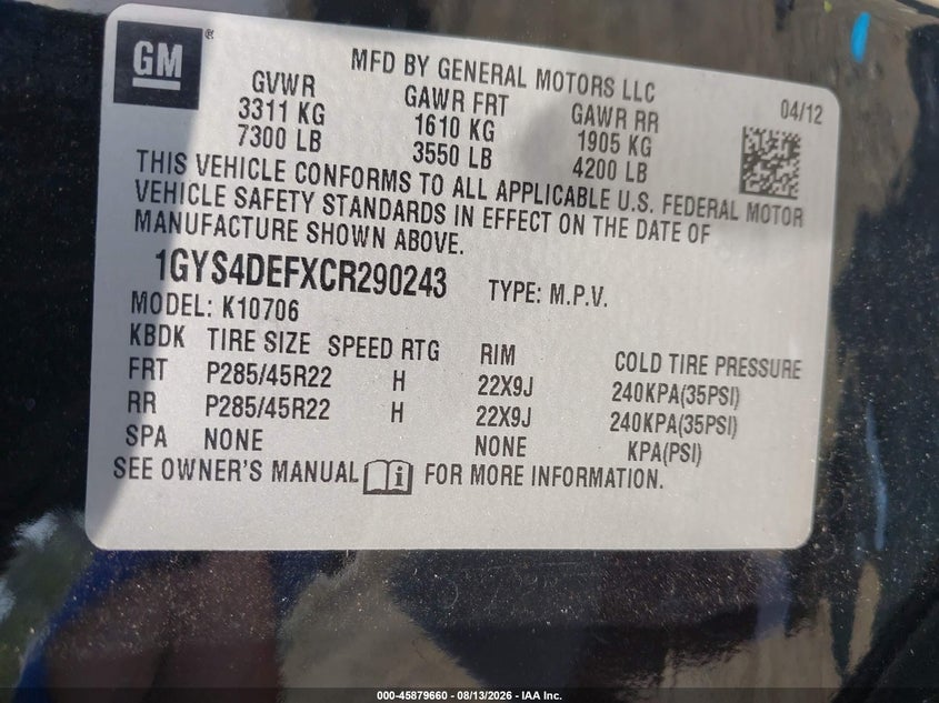 2012 Cadillac Escalade VIN 1GYS4DEFXCR290243 IAAI salvage auction — ENGINE DAMAGE, Wait Title, sold $3,425 on 2026-09-03 (photo 9)