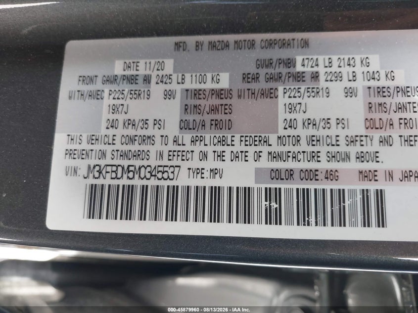 2021 Mazda Cx-5 VIN JM3KFBDM5M0345537 IAAI salvage auction — UNDERCARRIAGE, Wait Title, sold $2,250 on 2026-10-12 (photo 9)