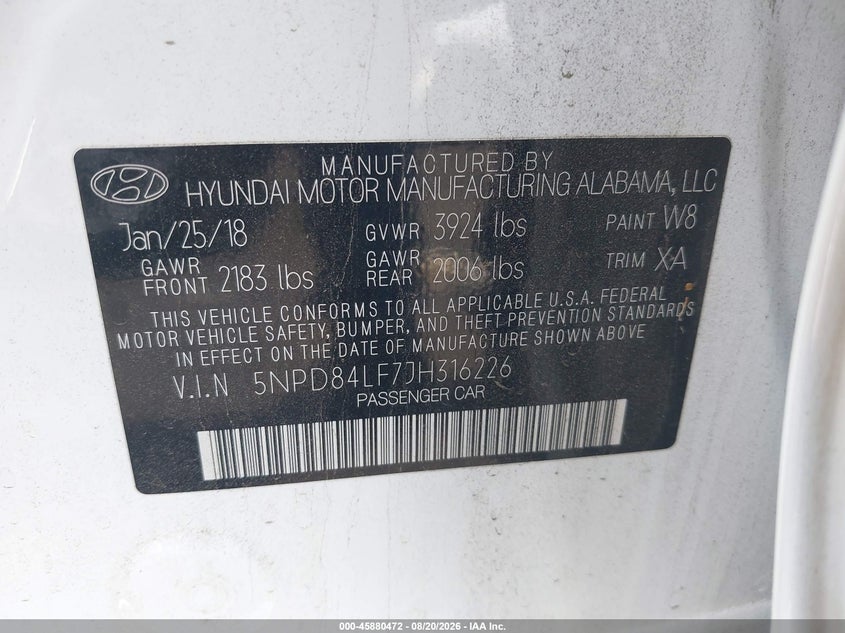 2018 Hyundai Elantra VIN 5NPD84LF7JH316226 IAAI salvage auction — REAR END, Salvage Title, sold $3,450 on 2026-08-26 (photo 9)