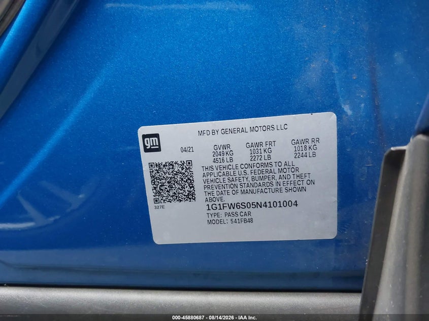 2022 Chevrolet Bolt euv VIN 1G1FW6S05N4101004 IAAI salvage auction — FRONT END, Wait Title, sold $5,200 on 2026-08-29 (photo 9)