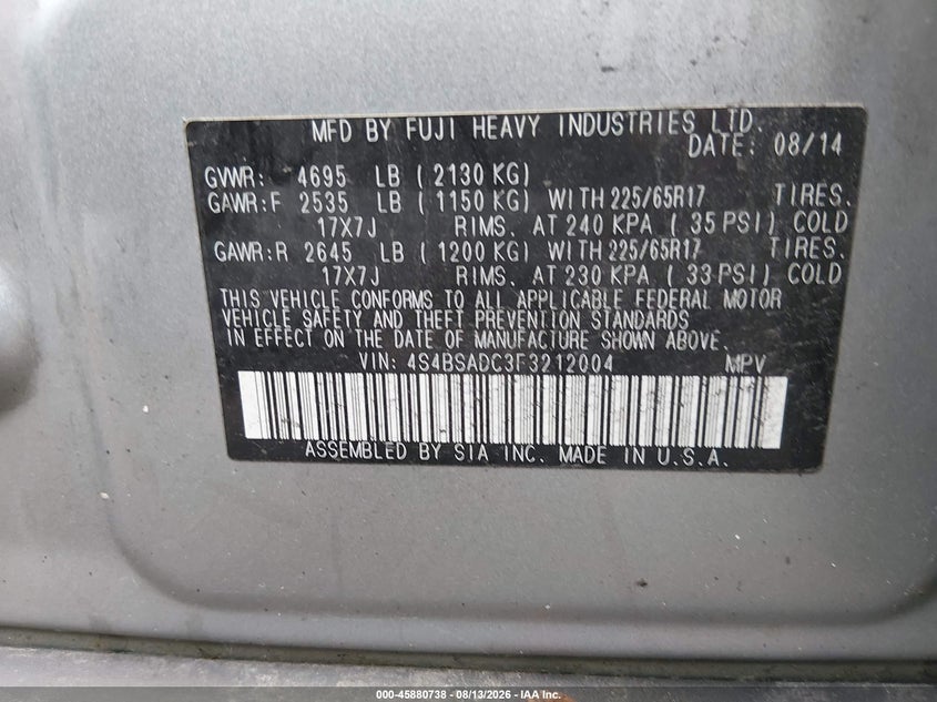 2015 Subaru Outback VIN 4S4BSADC3F3212004 IAAI salvage auction — NORMAL WEAR, Clear (Massachusetts), sold $1,275 on 2026-09-03 (photo 9)