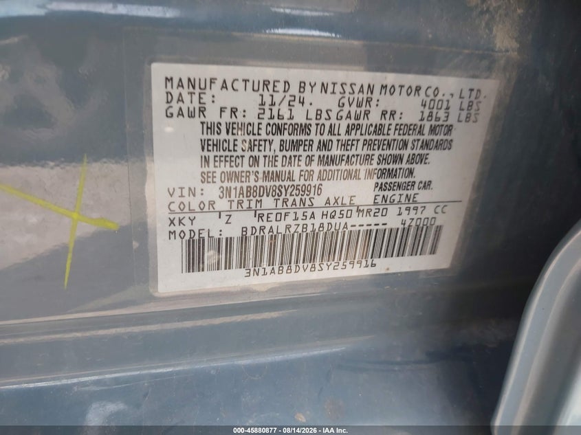 2025 Nissan Sentra VIN 3N1AB8DV8SY259916 IAAI salvage auction — FRONT END, Wait Title, sold $15,100 on 2026-08-19 (photo 9)