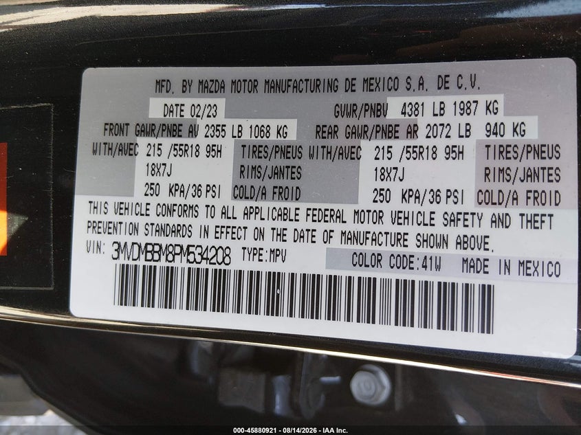 2023 Mazda Cx-30 VIN 3MVDMBBM8PM534208 IAAI salvage auction — REAR END, Salvage Title, sold $8,500 on 2026-09-03 (photo 9)