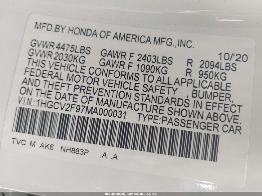 2021 Honda Accord VIN 1HGCV2F97MA000031 IAAI salvage auction — SIDE, Wait Title, sold $7,800 on 2026-08-23 (photo 9)