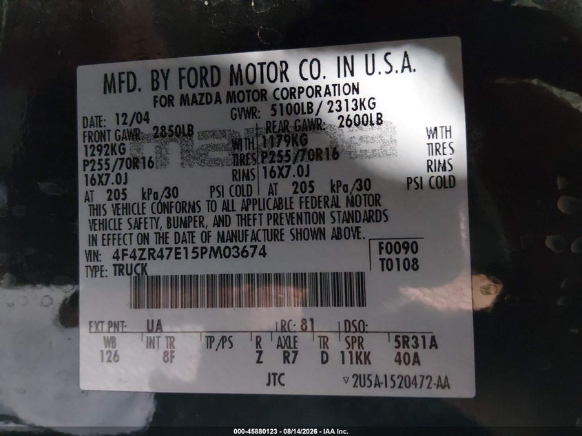 2005 Mazda B4000 VIN 4F4ZR47E15PM03674 IAAI salvage auction — FRONT END, Bill Of Sale (Alaska), sold $1,050 on 2026-08-21 (photo 9)