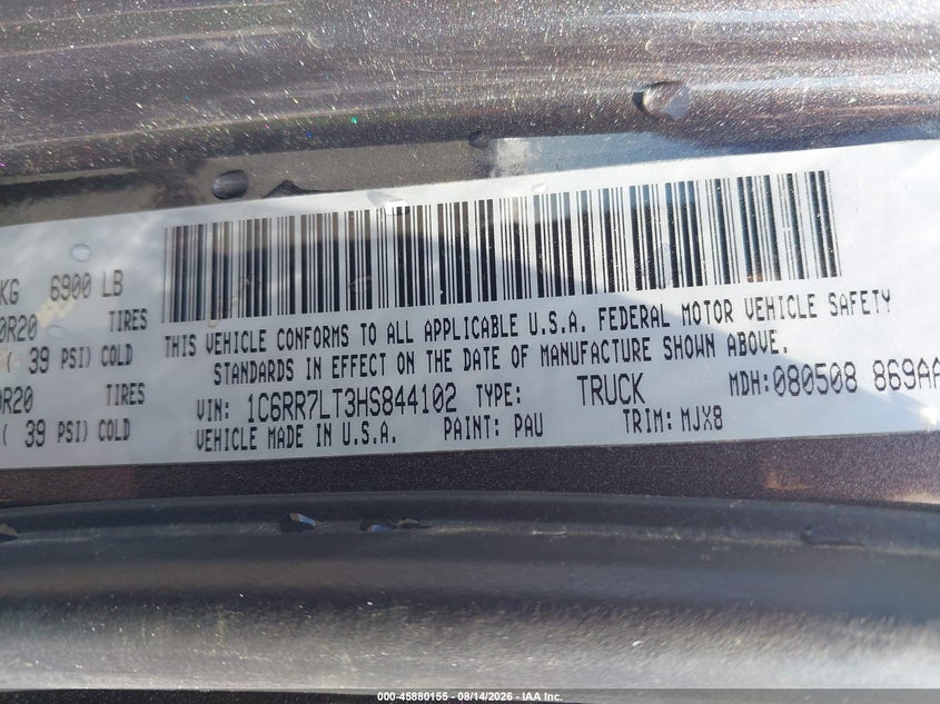 2017 Ram 1500 VIN 1C6RR7LT3HS844102 IAAI salvage auction — RIGHT FRONT, Wait Title, sold $2,850 on 2026-08-24 (photo 9)