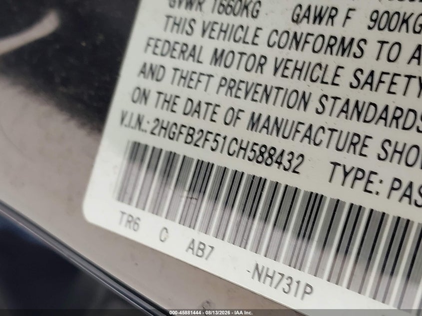 2012 Honda Civic VIN 2HGFB2F51CH588432 IAAI salvage auction — Front End, Clear, sold $2,150 on 2026-09-25 (photo 9)
