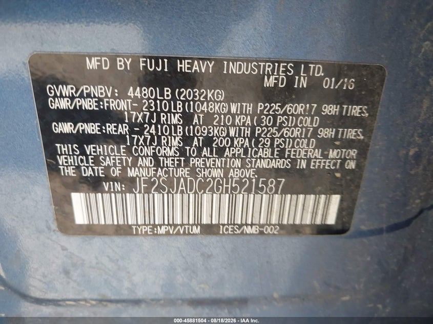 2016 Subaru Forester VIN JF2SJADC2GH521587 IAAI salvage auction — NORMAL WEAR, Peddle Clear Public-Restricted (Oregon), sold $2,500 on 2026-09-11 (photo 9)