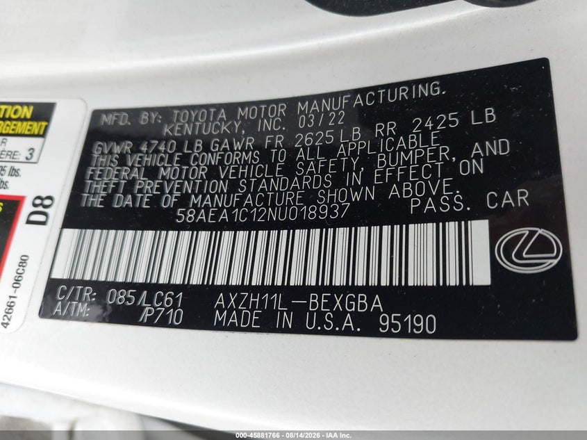 2022 Lexus ES VIN 58AEA1C12NU018937 IAAI salvage auction — SIDE, Salvage (Virginia), sold $21,600 on 2026-08-31 (photo 9)