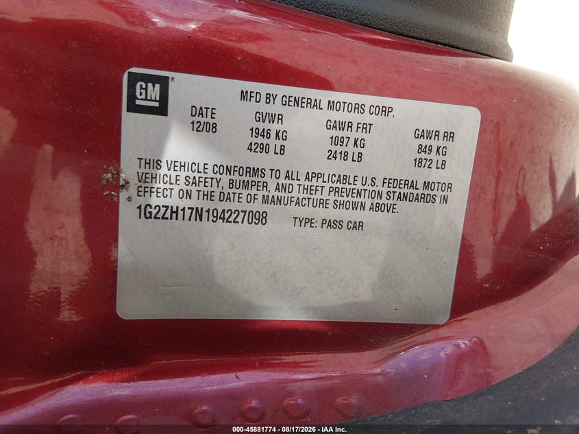 2009 Pontiac G6 VIN 1G2ZH17N194227098 IAAI salvage auction — NORMAL WEAR, Clear (Louisiana), sold $275 on 2026-09-08 (photo 9)