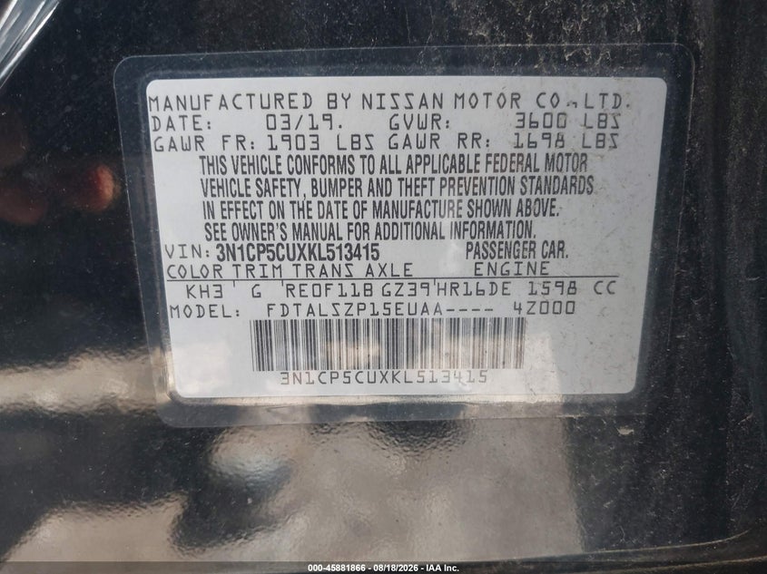 2019 Nissan Kicks VIN 3N1CP5CUXKL513415 IAAI salvage auction — FRONT END, Salvage (Ohio), sold $1,000 on 2026-09-03 (photo 9)