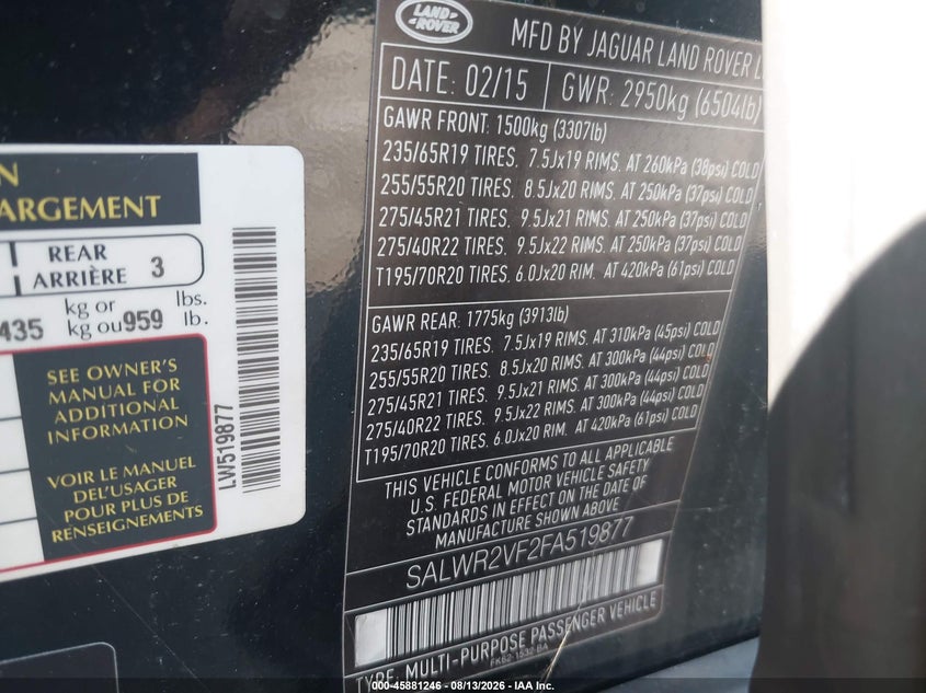 2015 Land rover Range rover sport VIN SALWR2VF2FA519877 IAAI salvage auction — NORMAL WEAR, Clear (Florida), sold $4,250 on 2026-08-19 (photo 9)