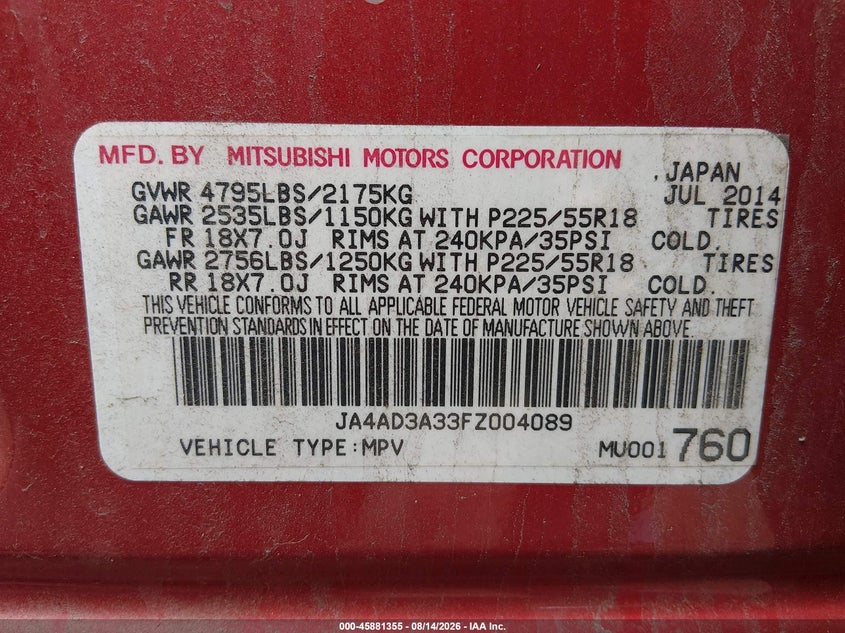 2015 Mitsubishi Outlander VIN JA4AD3A33FZ004089 IAAI salvage auction — NORMAL WEAR, Clear (New Jersey), sold $1,525 on 2026-08-29 (photo 9)