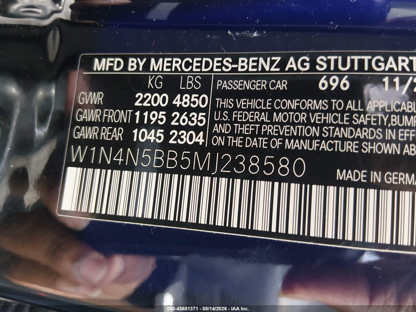 2021 Mercedes-benz VIN W1N4N5BB5MJ238580 IAAI salvage auction — SIDE, Salvage Title, sold $11,500 on 2026-10-12 (photo 9)