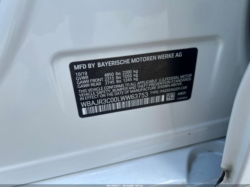 2020 BMW 5 series VIN WBAJR3C00LWW63753 IAAI salvage auction — NORMAL WEAR, Reconstructed (Louisiana), sold $13,000 on 2026-09-03 (photo 8)