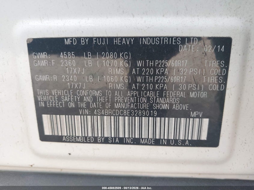 2014 Subaru Outback VIN 4S4BRCDC8E3289019 IAAI salvage auction — HAIL, Wait Title, sold $625 on 2026-10-05 (photo 9)