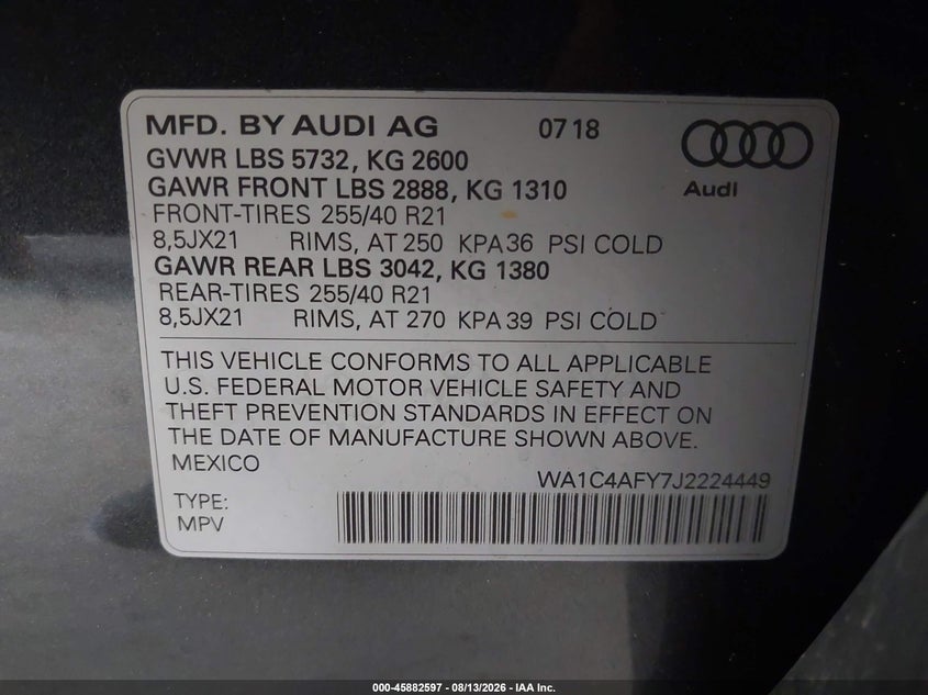 2018 Audi Sq5 VIN WA1C4AFY7J2224449 IAAI salvage auction — NORMAL WEAR, Clear (Tennessee), sold $8,250 on 2026-08-24 (photo 9)