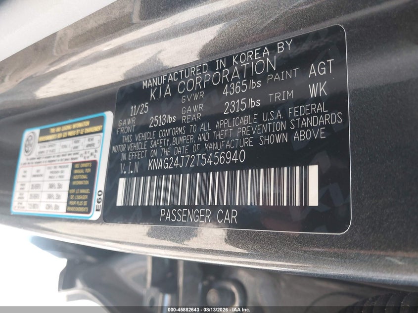 2026 Kia K5 VIN KNAG24J72T5456940 IAAI salvage auction — FRONT END, Enterprise Vehicles Clear Only (North Carolina), sold $12,750 on 2026-08-22 (photo 9)