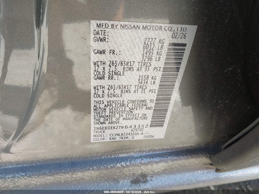 2026 Nissan Navara (frontier) VIN 1N6ED1EK2TN643352 IAAI salvage auction — FRONT END, Enterprise Vehicles Clear Only (North Carolina), sold $14,250 on 2026-08-21 (photo 9)