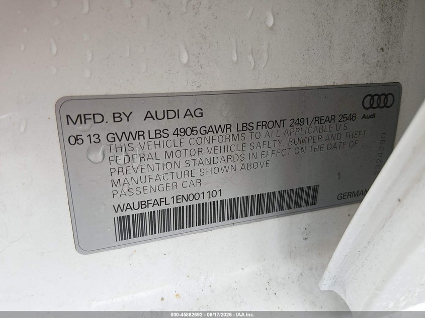2014 Audi A4 VIN WAUBFAFL1EN001101 IAAI salvage auction — RIGHT SIDE, Clear (Indiana), sold $2,400 on 2026-09-11 (photo 9)